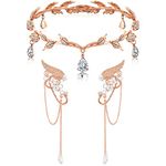 Hicarer Fairy Leaf Crown Headpiece Elf Ears Cuffs Rhinestone Elven Wings Tiara for Halloween Medieval Renaissance Cosplay(Rose Gold)