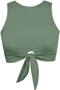 Balasami Women's Cut Out Tie Knot Front Scoop High Neck Tank Crop Top Bikini Swimsuit Top Only, Olive Green, Medium