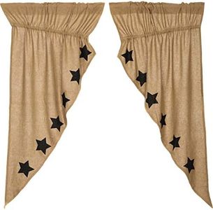 VHC Brands Burlap Natural with Black Stars Primitive 63"x36"x18" Prairie Panel Pair Tan Rod Pocket Stenciled Cotton Drawstring Ties Window Curtains