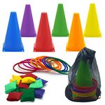 Worown 3 in 1 Kids Carnival Games Set, 31 Pcs Ring Toss Game with Soft Plastic Cones Bean Bags for Outdoor Game, Birthday Party