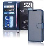 TECHGEAR Galaxy S21 Leather Wallet Case, Flip Protective Case Cover with Wallet Card Holder, Stand and Wrist Strap - Navy Blue PU Leather with Magnetic Closure Designed For Samsung Galaxy S21 / S21 5G