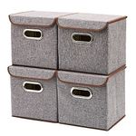 EZOWARE Set of 4 Linen Fabric Foldable Storage Cubes with Lid, 14L Collapsible Organiser Containers Bins for Kids Nursery, Closet, Bedroom (25cm x 25cm x 25cm) - Grey