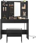 VASAGLE Vanity Desk with Power Outlets, Makeup Vanity with Mirror and Lights, Upholstered Vanity Stool, Dimmable LED Lights, 6 Compartments, 2 Drawers, for Bedroom, Ink Black URDT031B01