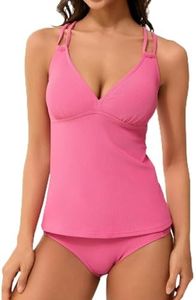 HAIVIDO Tankini Swimsuits for Women Criss Cross Back V Neck Tankini Top with Side Cut Out Bikini Bottom Two Piece Bathing Suits Ribbed Pink XXL