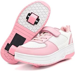Wooowyet Roller Skate Shoes for Kids Boys Girls Rechargealbe Wheels Sneakers Fashion Roller Wheeled, White&pink, 5 Big Kid