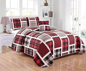 Mk Collection 3pc Twin Size Reversible Quilted Bedspread Coverlet Set Patchwork Plaid Gray Red Black White New