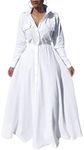 Bodycon4U Women's Pleated Long Sleeve Party Cocktail Long Maxi Button Down White Shirt Dress - white - X-Large