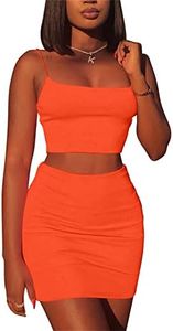 Kaximil Women's Summer 2 Piece Outfits Cami Crop Top Bodycon Skirt Mini Club Dress, Small, Orange