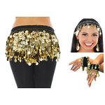 VRITRAZ Women's Chiffon Belly Dance Hip Scarf Waistband With Headband and Cuff Braclet, Colors Beads And Golded Coins 56 Gold