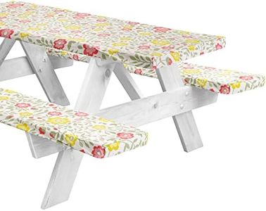 LINPRO 8ft Fitted Picnic Table Cover with Bench Covers. Vinyl Outdoor Camping Picnic Tablecloth, 3 Piece Set Camping Gear. Waterproof, Stain Resistant, Reusable. Flannel Backing with Elastic Edges.96
