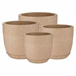 Set of 4 Garden's Plastic Jaguar Marble Look Roto Moulding Flower Pots with Bottom Tray – Color: Sand Stone, Sizes: 10"(25.4cm),12"(30.4cm),15"(38.1cm),17"(43.1cm) for Home and Garden