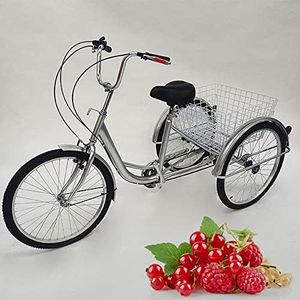 MINUS ONE 24" 6 Speed Adult 3 Wheel Tricycle, Elderly Adult Bicycle Cycling Pedal Bike with White Basket for Outdoor Sports Shopping Adjustable (Silver with light)