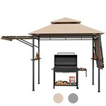 Tangkula 13.5x4 Ft Grill Gazebo with Dual Side Awnings, Double Tiered BBQ Gazebo with 2 Side Shelves, Heavy-duty Steel Frame, CPAI-84 Barbecue Grill Gazebo Shelter for Patio, Garden, Beach, Terrace (Brown)