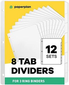 3 Ring Binder Dividers with Tabs - (12 Sets) x 8 Tab Dividers for 3 Ring Binders - White - Tabs for Binders - Binder Tabs - Page Dividers for 3 Ring Binder with Tabs - Tab Dividers // Paper Plan