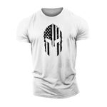 GYMTIER Spartan Helmet USA Flag Men's Gym T-Shirt Bodybuilding Training Workout Lifting Top Clothing, White, L