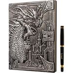 DND Notebook / Journal, Unique 200 Page Book with 3D Silver Dragon Embossed Faux Leather Cover with Pen- Ideal for Dungeons & Dragons / D&D. Great RPG Accessories Gift for DM's & Players, Men or Women