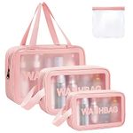 4PCS Clear Toiletry Bag, Wash Bag, Clear PU Makeup Bag, Waterproof Toiletry Travel Bag with Zipper Handle, Portable Airport Cosmetic Bag for Travel Bathroom Men Women (Pink)