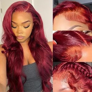 Aaliweya 34 Inch 99j Burgundy Lace Front Wigs Human Hair 13X4 Wine Red Colored Body Wave Frontal Wigs for Women 180% Density Full and Thick Pre Plucked Glueless HD Transparent Lace Wigs