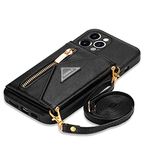 SZHAIYU Wallet Crossbody for iPhone 13 Pro Max Phone Case with Lanyard Strap Credit Card Holder 6.7'', PU Leather Protective Handbag Zipper Purse Kickstand Cover Women Girl (Black)