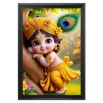 Frame Cart Wood Baby Krishna Photo Frame, Shri Bal Gopal Painting For Pregnant Women Kanha Ji Poster Laddu Lord Makhan Chor Walls Bedroom Living Room (12X18 Inches, Multicolored -01, Rectangular)