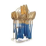 ATT Golden Cutlery Rack Set, Gold Spoon Knife Fork Set for Dining Table, Cutlery Set for Kitchen, Spoon and Fork Set 24pcs Stainless Steel Flatware Set, Mirror Finish (GoldBlue)