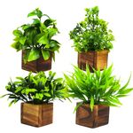 DecoreBugs Plastic Potted Artificial Plant In Wooden Pot (4 Pack) Eucalyptus Plants Small Plants For Home Decor|Office Decor|Db-8149