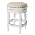 Maven Lane Pullman Wooden Kitchen Counter Height Stool 25" with 180 Degrees Swivel, Alabaster White Finish and Cream Fabric, Nail Head Trim Design