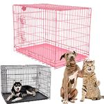 Dog Puppy Cage Medium 30 inch Pets Dog Crate Folding 2 Door Dog Kennels and Crates Pet Carrier with Non-Chew Base Tray and Carrier Handle ideal for Home or Travel, Pink