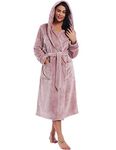 Amorbella Ladies Fleece Dressing Gown Hooded Soft Fluffy Robe Full length (Pink, Large)