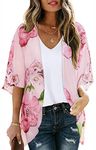 Womens Boho Cardigan Tops Loose Cover Ups Plus Size Kimono Summer Outfits(Pink Flower, L)