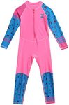 OwlFay Kids Boys Girls Color Block One Piece Swimsuit Swimwear Long Sleeve Rash Guard Sunsuit Wetsuit Beachwear Bathing Suit, Pink - Girl, 7-8 Years