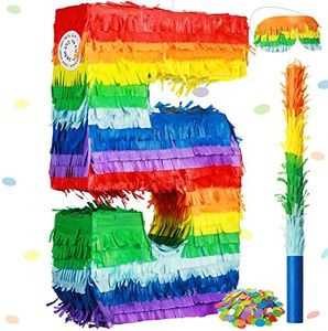 Rainbow Number Pinata Multicolor Number Pinata Small Kids Birthday Party Pinata with Blindfold Stick and Confetti Small Pinata for Birthday Anniversary Cinco de Mayo Fiesta Party Decor (Number 5)