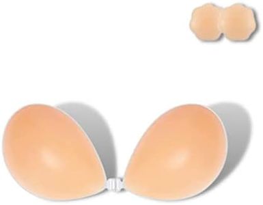 Gubjomcp Adhesive Bra Strapless Sticky Invisible Push up Silicone Bra for Women Push Up Backless Dress with Nipple Covers, Creme, b