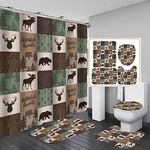 Camille&Andrew 4PCS Cabin Shower Curtain Set, Patchwork Deer Elk Moose Bear Woodland Animals Hunting Lodge Country Rustic Farmhouse Bathroom Decor, Waterproof Fabric Shower Curtain, Non-Slip Bath Mat