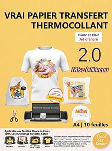 TransOurDream A4 Papier Transfert pour Textile 2.0-10 feuilles pour T-Shirts et Textiles blancs ou Clairs, Non Impression Miroir,Thermocollant, Impression Jet d'Encre FR2-2.0-10