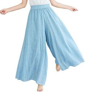 Flygo Women's Pull-On Elastic Waist Wide Leg Linen Pant Palazzo Pants Culottes (Length - 85CM, Light Blue)