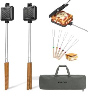 CASTIVO Mountain Pie Maker Cast Iron Set of 2 with Storage Bag – 5 Smores Sticks for Fire Pit, Camping and Outdoor Cooking