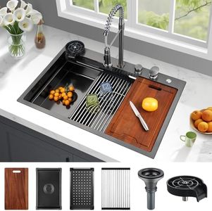 Kunoqi 33x22 Inch Kitchen Sink with Waterfall Faucet Combo, Nano PVD Black 16 Gauge Stainless Steel Workstation, Scratch Resistant Single Bowl Drop-In Sink, Multifunctional Handmade Design