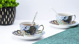 Golden Queen'S Floral Cups, Saucer & Spoons Set For Coffee/Tea/Hot Drinks - Set Of 6 Cups, 6 Saucers & 6 Spoons (Indian Peafowl) - Bone China, 180 Ml