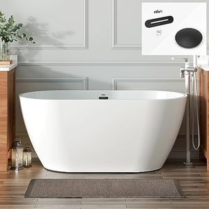 FerdY 55" Bali Acrylic Freestanding Bathtub, Gracefully Shaped Freestanding Soaking Bathtub, cUPC Certified, Toe-Tap Matte Black Drain and Matte Black Overflow Included