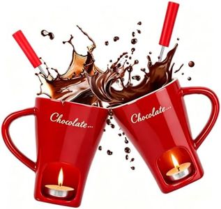 HANEVEAR 2 Pack Chocolate Fondue Mugs with 4 Forks and 8 Candles(Red) | Ceramic Personal Chocolate Melting Cup 4.4 fl oz, for Melting Cheese & Butter, Gift for Date Nights, Party Holiday, Christmas