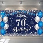 Happy 70th Birthday Banner, 1.1 x 1.8m Happy 70th Birthday Backdrop Banner Blue Silver 70th Birthday Decorations for Women Men, 70 Years Old Birthday Anniversary Party Supplies