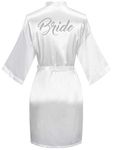 sunshinemall Women's Satin Kimono Robes with Rhinestones Bride Bridesmaid Short Getting Ready Wedding Dressing Gown, Bride-white, Large-X-Large