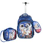 NOVEX Astronaut Kids School Backpack Combo Set - 1 Lunch Box Bag & Stationary Pouch | 17 Inch Soft Polyester Trolley Bags for School with 2 Wheels | Blue Carry-on Set for Kid Boys