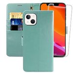 MONASAY Wallet Case for iPhone 14/15 Plus 5G,6.7-inch[Glass Screen Protector Included] [RFID Blocking] Flip Folio Leather Cell Phone Cover with Credit Card Holder for Apple iPhone 14/15 Plus,Mint