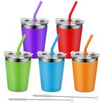 Hikrxya 5 Pack Stainless Steel Cups with Lids and Straws, 12oz Unbreakable Iced Coffee Cup, Kids Tumbler with Straw and Lid, Reusable Drinking Cup Travel Mug with Silicone Sleeves for Adults Kids