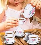 Children Pretend Play Tea Set Teapot cups saucers Role Play Afternoon Tea Party Toys 23 Pieces Rose Flower Porcelain Ceramic Tea Set Pretend Kitchen Playset