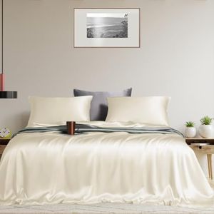 LINENWALAS 100% Eucalyptus Silk Bed Sheet Set, Luxury Tencel Lyocell Cooling Sheets Softer than Egyption Cotton Bedding – Sateen Natural Moisture Wicking, Anti-Allergy Sheets Set (King, Ivory)