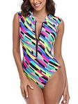 RELLECIGA Women's Neon Striped Sleeveless One Piece Swimsuit Surfing Rash Guard Bathing Suit Size Large