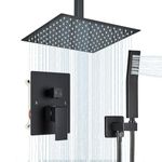 Saetow Ceiling Mount Matte Black Shower System 12 Inch Rain High Pressure Shower Head with Handheld Spray, Bathroom Shower Combo Set Rough in Valve Body and Trim Included